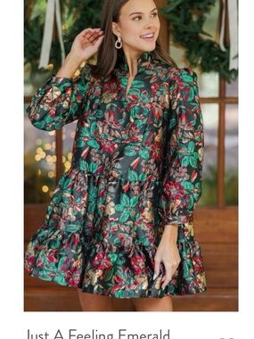 Emerald Green Floral Brocade Mini Dress